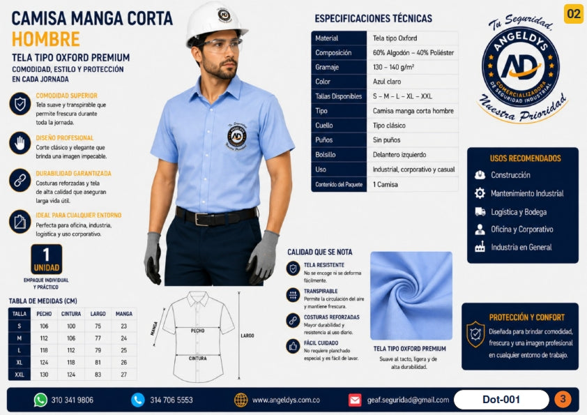 Camisa Manga Corta Hombre Tela Oxford Premium – Ficha técnica Dot-001