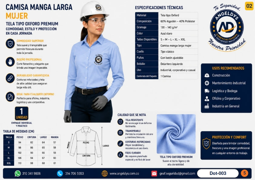 Camisa Manga Larga Mujer Tela Oxford Premium – Ficha técnica Dot-003