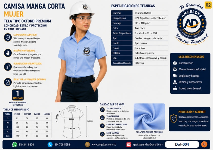 Camisa Manga Corta Mujer Tela Oxford Premium – Ficha técnica Dot-004