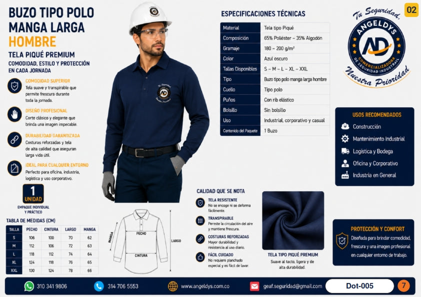 Buzo Tipo Polo Manga Larga Hombre – Tela Piqué Premium Dot-005