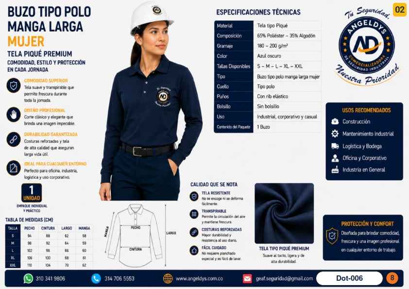 Buzo Tipo Polo Manga Larga Mujer Piqué Premium – Ficha técnica Dot-006