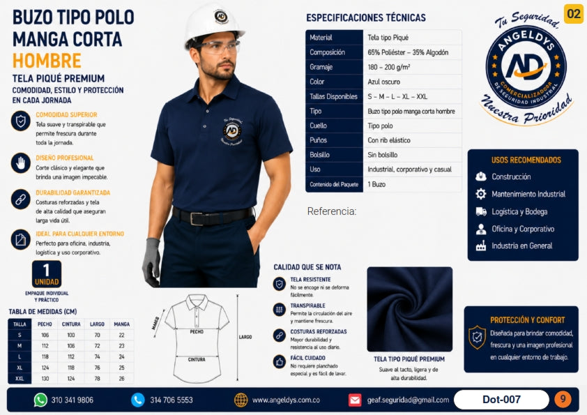Buzo Tipo Polo Manga Corta Hombre Piqué Premium – Ficha técnica Dot-007