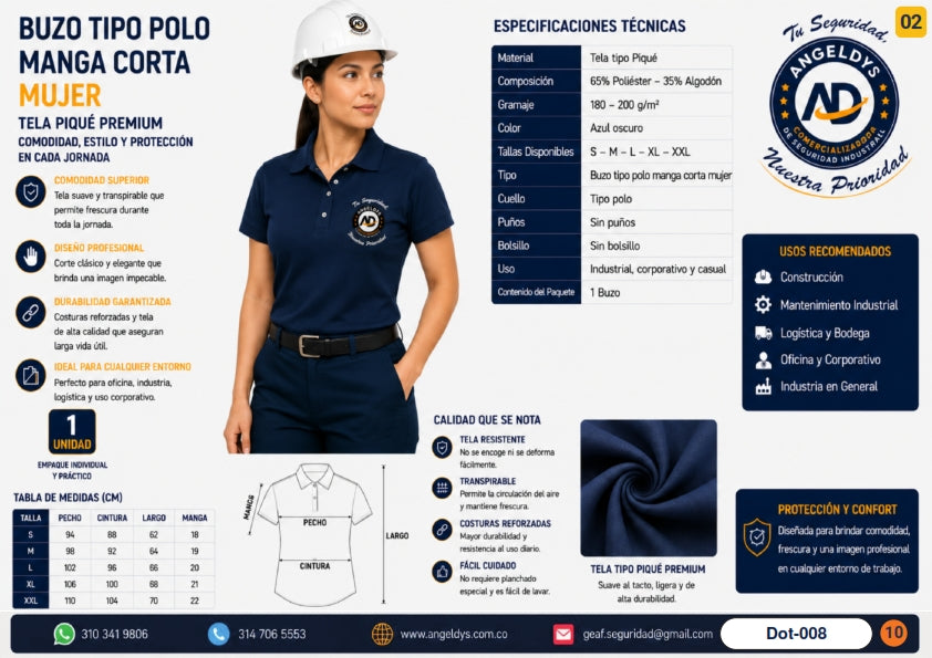 Buzo Tipo Polo Manga Corta Mujer Piqué Premium – Ficha técnica Dot-008