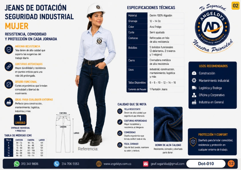 Jeans Dotación Seguridad Industrial Mujer – Ficha técnica Dot-010