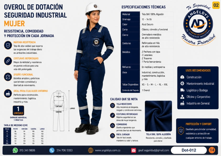 Overol Dotación Seguridad Industrial Mujer – Ficha técnica Dot-012