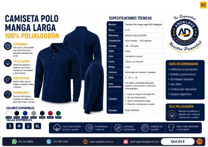 Camiseta Polo Manga Larga 100% Polialgodón – Ficha técnica Dot-014