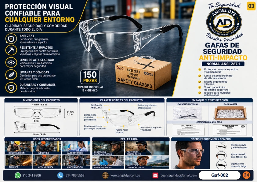 Gafas de Seguridad Anti-Impacto ANSI Z87.1 – Ficha técnica Gaf-002
