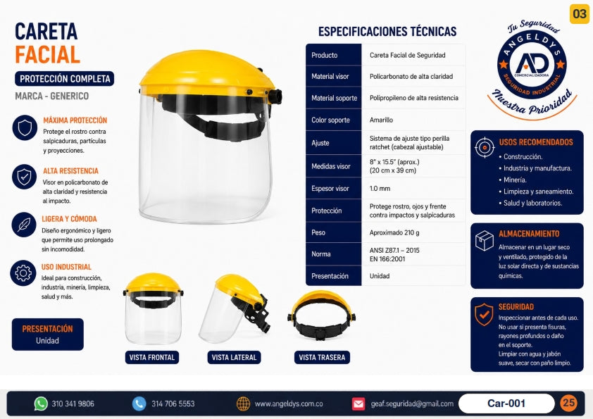 Careta Facial de Seguridad Protección Completa – Ficha técnica Car-001