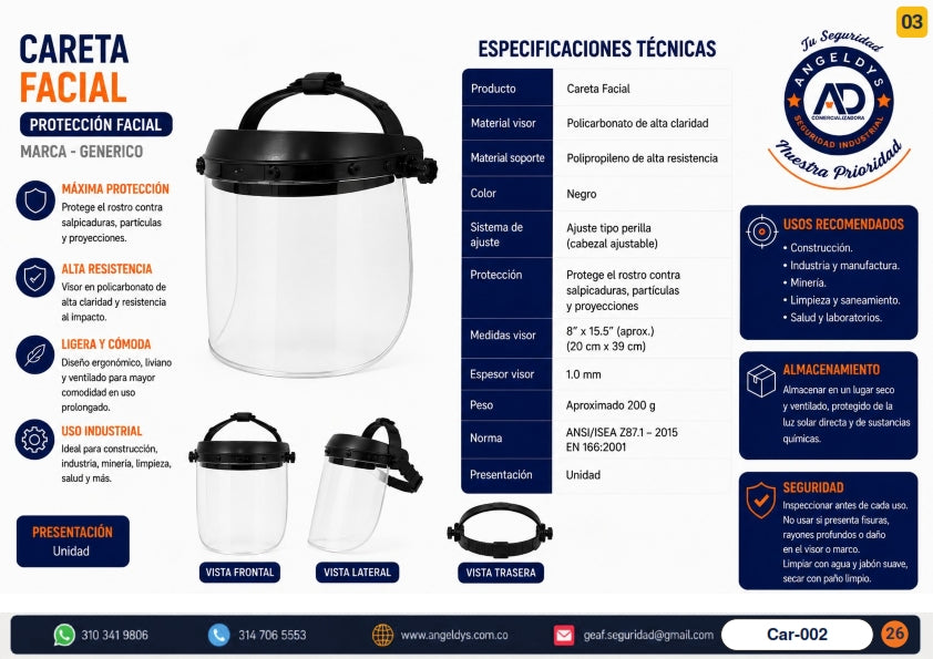Careta Facial de Seguridad Protección Facial – Ficha técnica Car-002