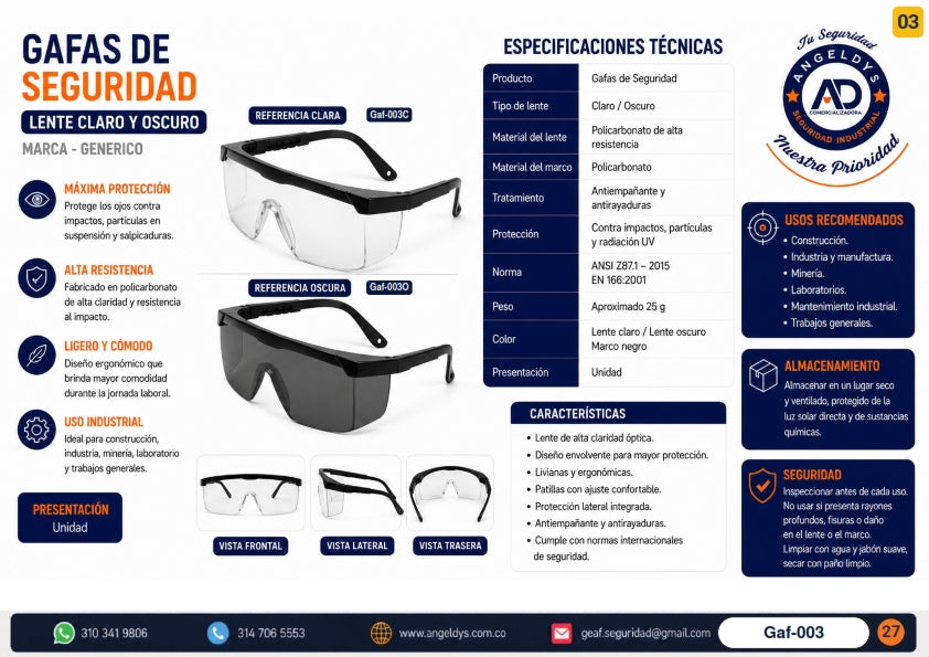 Gafas de Seguridad Lente Claro y Oscuro – Ficha técnica Gaf-003
