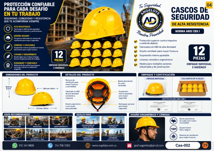 Casco de Seguridad Alta Resistencia Amarillo – Ficha técnica Cas-002