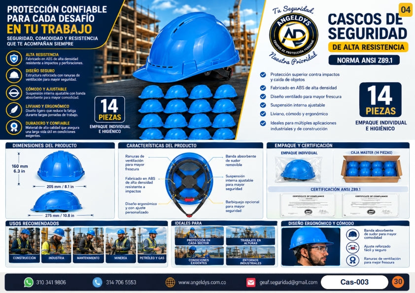 Casco de Seguridad Alta Resistencia Azul – Ficha técnica Cas-003