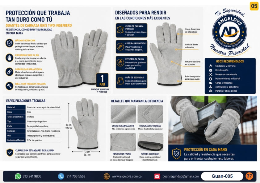 Guantes de Carnaza Gris Tipo Ingeniero – Ficha técnica Guan-005