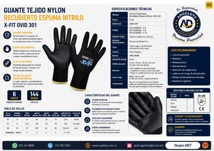 Guante Tejido Nylon Recubierto Espuma Nitrilo X-FIT OVID 301 – Ficha técnica Guan-007