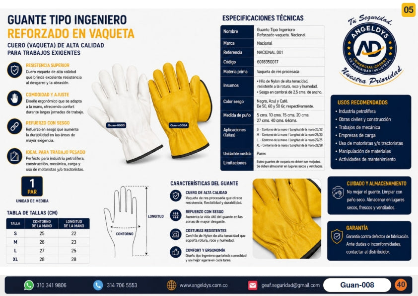 Guante Tipo Ingeniero Reforzado en Vaqueta NACIONAL 001 – Ficha técnica Guan-008