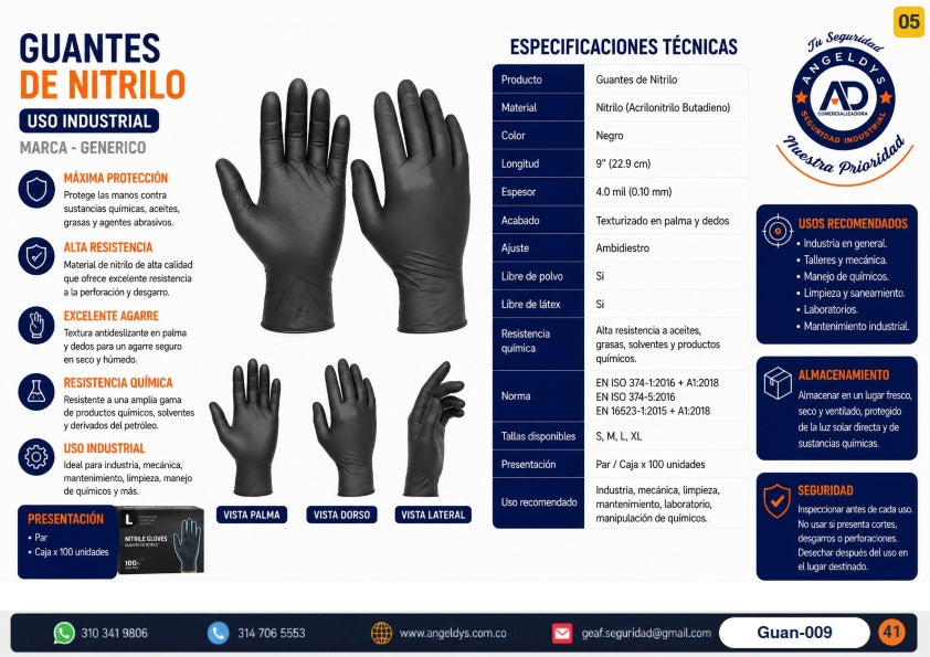 Guantes de Nitrilo Uso Industrial Negro – Ficha técnica Guan-009
