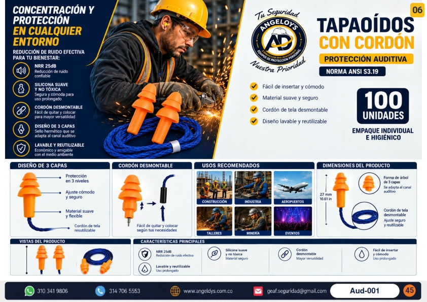 Tapaoídos con Cordón Protección Auditiva ANSI S3.19 – Ficha técnica Aud-001