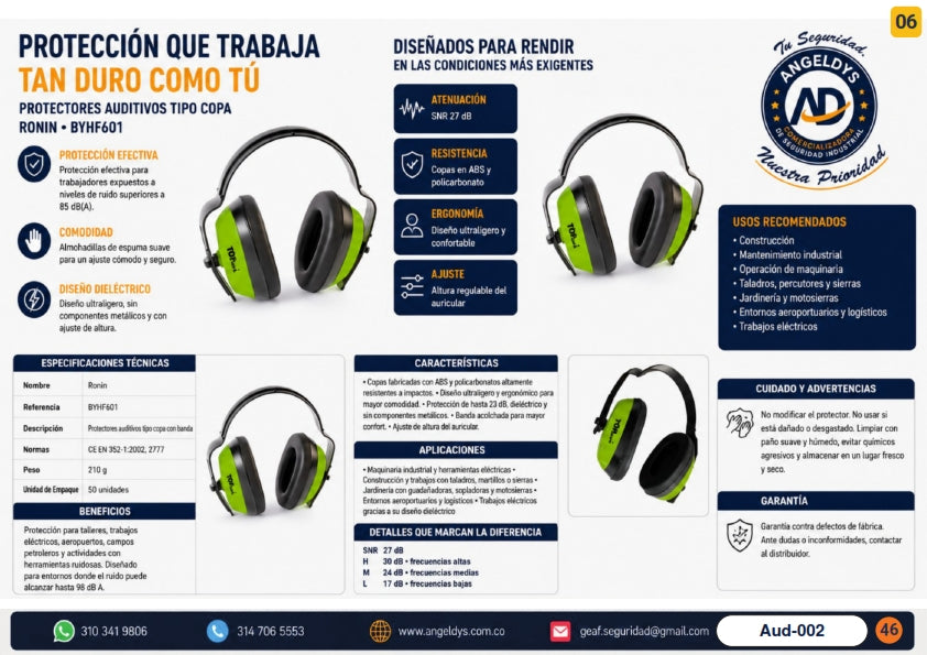 Protector Auditivo Tipo Copa RONIN BYHF601 – Ficha técnica Aud-002