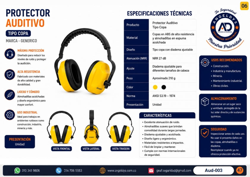 Protector Auditivo Tipo Copa Genérico ANSI S3.19 – Ficha técnica Aud-003