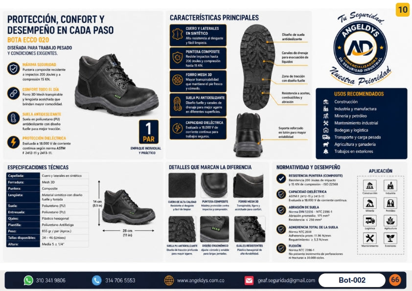 Bota de Seguridad ECCO 020 Puntera Composite Dieléctrica – Ficha técnica Bot-002