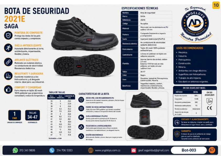Bota de Seguridad SAGA 2021E Puntera Composite Dieléctrica – Ficha técnica Bot-003