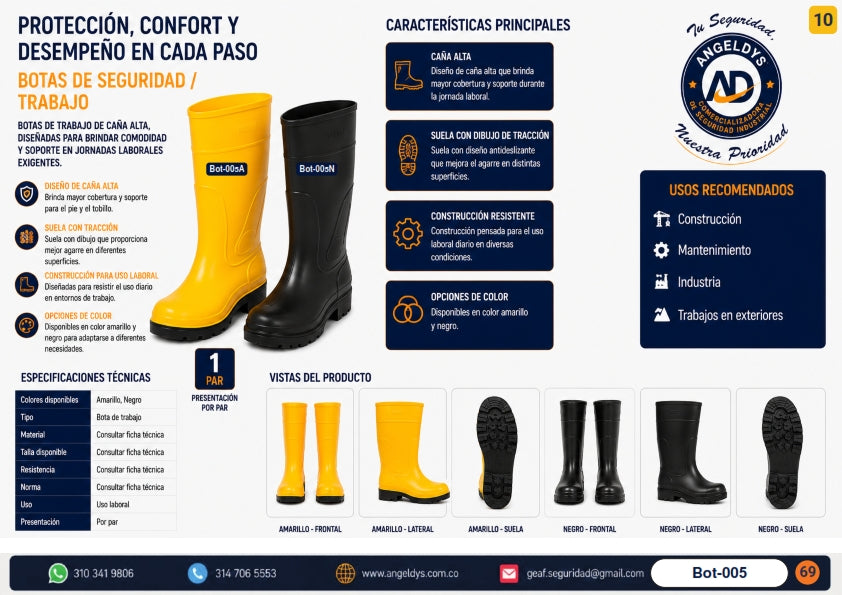 Botas de Seguridad Caña Alta Trabajo Amarilla y Negra – Ficha técnica Bot-005