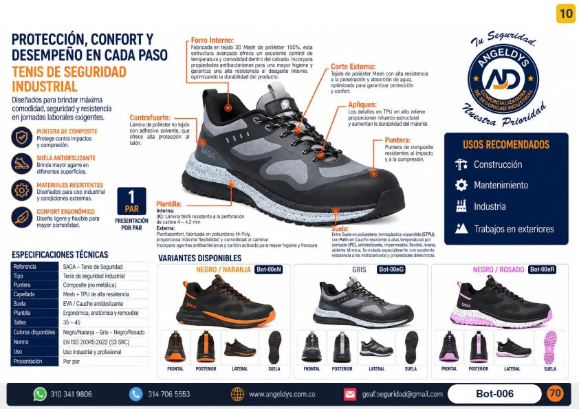 Tenis de Seguridad Industrial SAGA Puntera Composite – Ficha técnica Bot-006