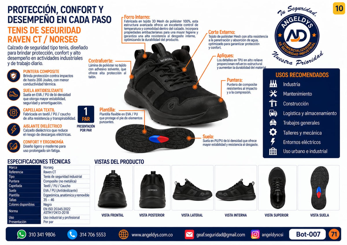 Tenis de Seguridad RAVEN CT NORSEG Puntera Composite – Ficha técnica Bot-007
